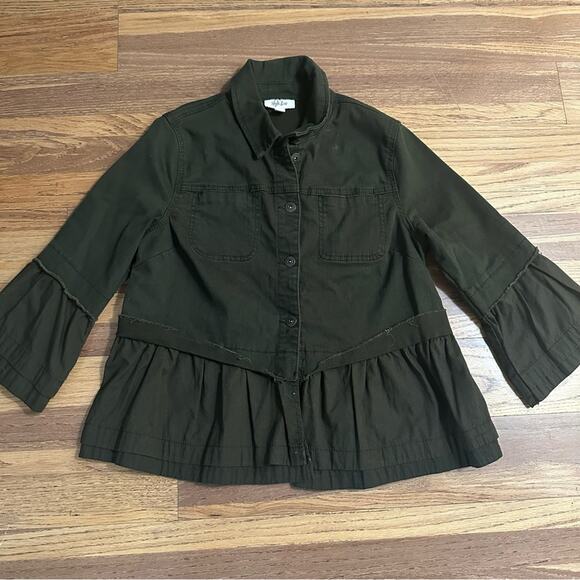 Style & Co Olive Green Button Jacket, Peplum, Utility, Bell Sleeves, Military, M - Picture 2 of 13